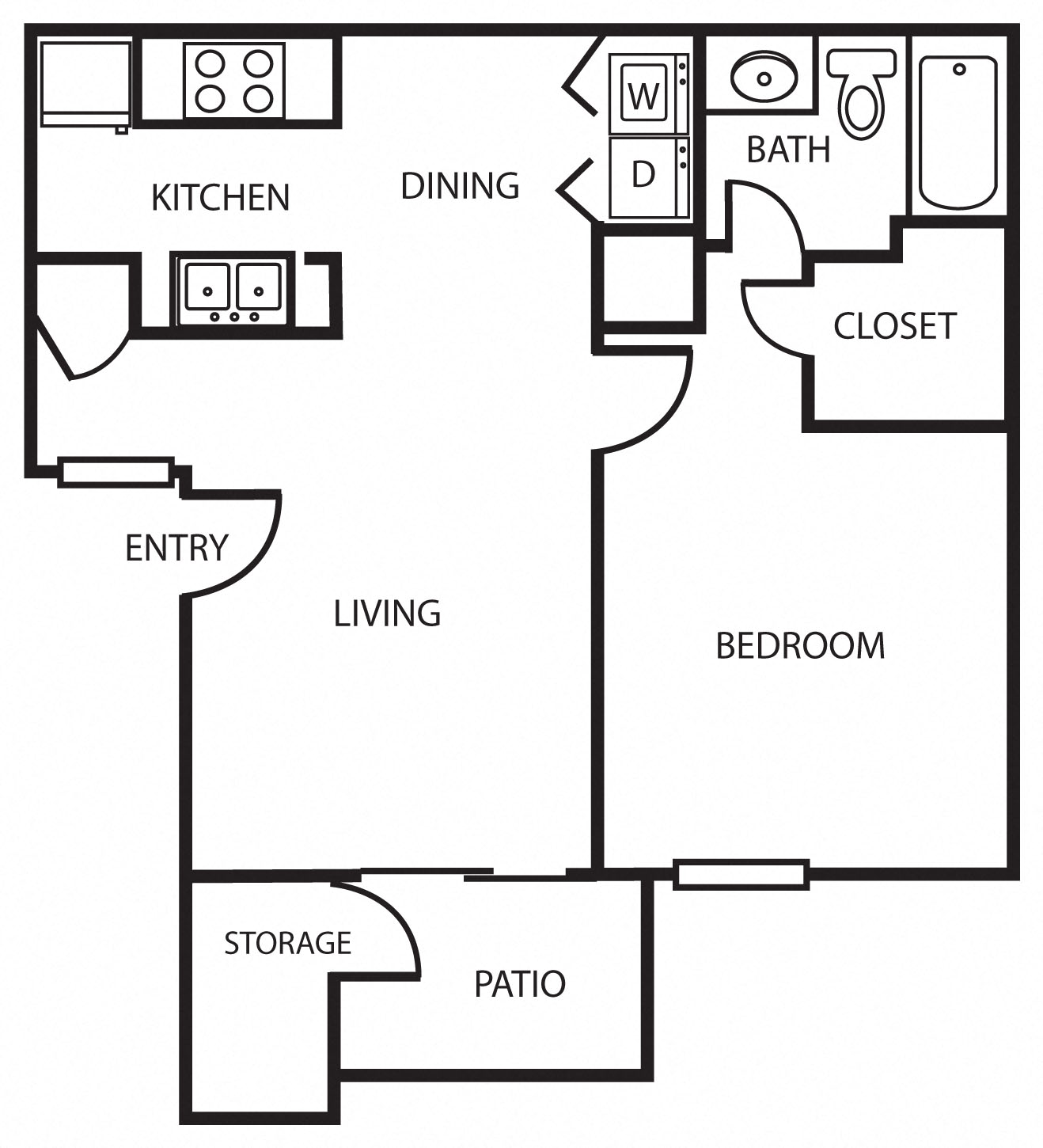 Floor plan for 1 bed, 1 bath, 677 sqft